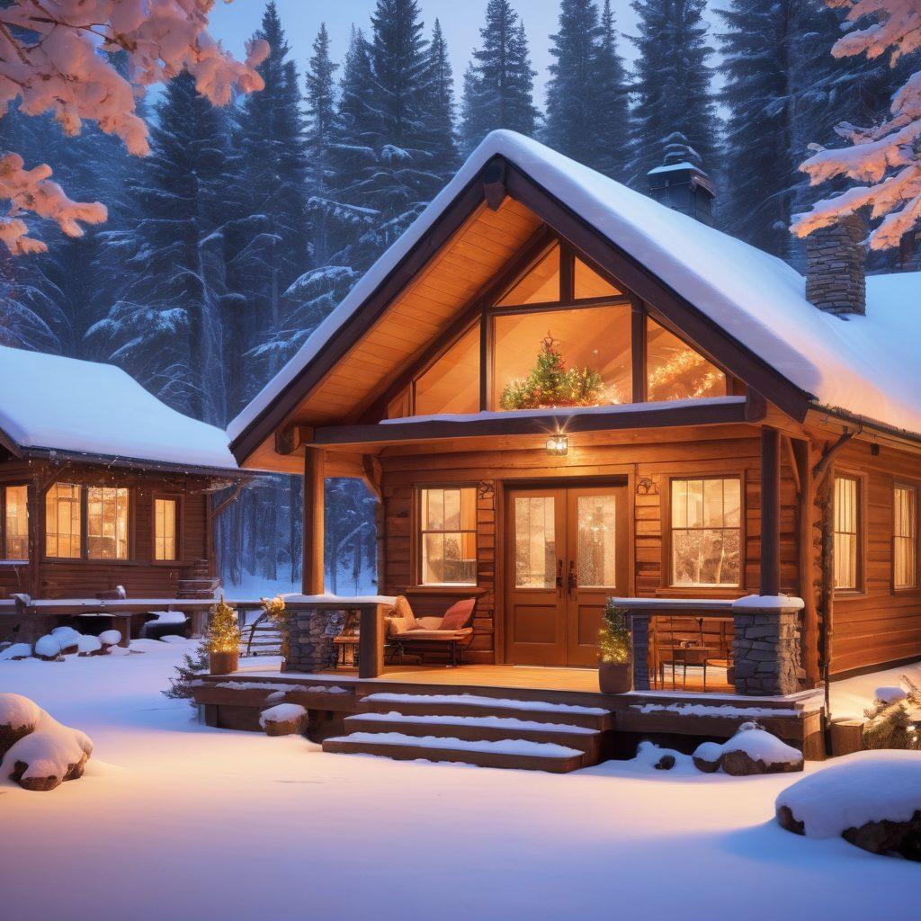A serene winter landscape featuring a cozy cabin surrounded by snow-laden trees, with warm light glowing from its windows. In the foreground, a diverse group of people practicing yoga and engaging in mindfulness activities, symbolizing community and holistic healing. Soft, festive decorations enhance the peaceful atmosphere, conveying wellness and connection during the holiday season. super-realistic. vibrant colors. warm tones.