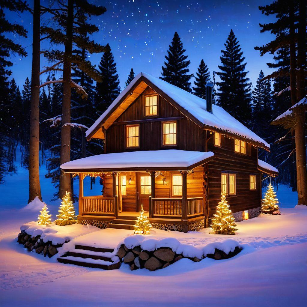A serene winter landscape featuring a cozy wooden cabin surrounded by snow-covered trees, decorated with holiday lights. Inside the cabin, people are practicing yoga and meditation, radiating a sense of holistic wellness. Gentle light from the fireplace glows warmly, alongside elements symbolizing health like herbal tea, fresh fruits, and candles. Snowflakes softly fall outside, creating a peaceful holiday atmosphere. super-realistic. vibrant colors. warm lighting.